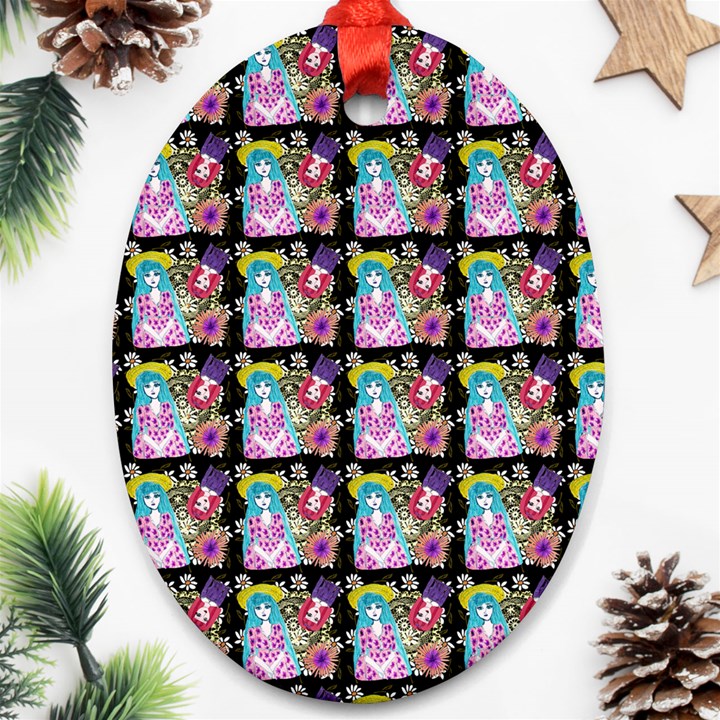 Blue Haired Girl Pattern Black Oval Ornament (Two Sides)