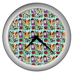 Purple Glasses Girl Pattern Blue Wall Clock (silver) by snowwhitegirl