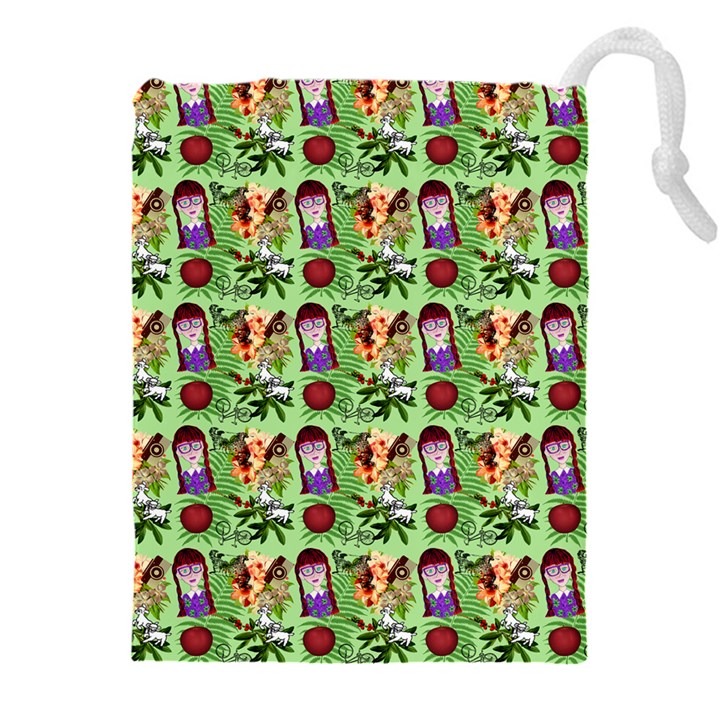 Purple Glasses Girl Pattern Green Drawstring Pouch (4XL)