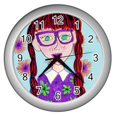 Purple Glasses Girl Wall Wall Clock (Silver)