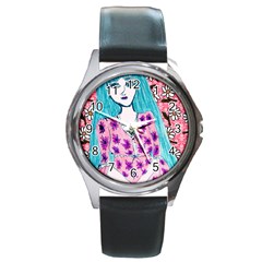 Blue Haired Girl Wall Round Metal Watch