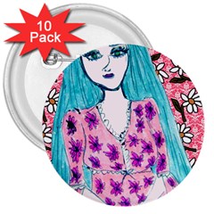 Blue Haired Girl Wall 3  Buttons (10 Pack)  by snowwhitegirl