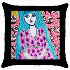 Blue Haired Girl Wall Throw Pillow Case (black) by snowwhitegirl