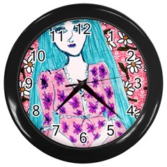 Blue Haired Girl Wall Wall Clock (black) by snowwhitegirl