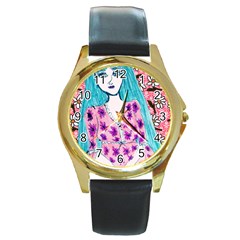 Blue Haired Girl Wall Round Gold Metal Watch by snowwhitegirl