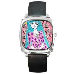 Blue Haired Girl Wall Square Metal Watch by snowwhitegirl