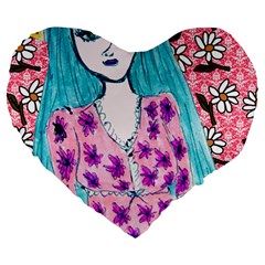 Blue Haired Girl Wall Large 19  Premium Heart Shape Cushions by snowwhitegirl