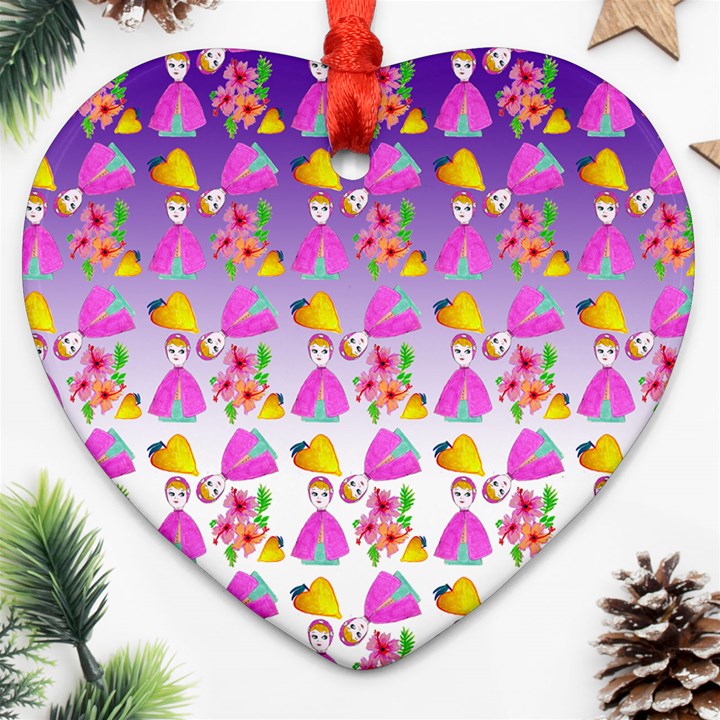 Girl With Hood Cape Heart Lemon Patternpurple Ombre Ornament (Heart)