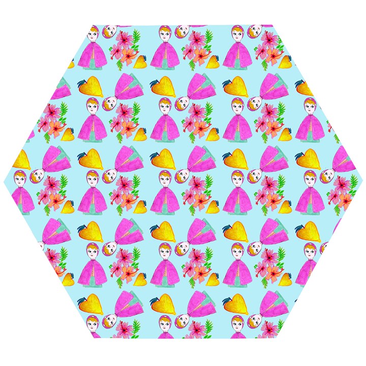 Girl With Hood Cape Heart Lemon Pattern Blue Wooden Puzzle Hexagon