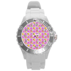 Girl With Hood Cape Heart Lemon Pattern Lilac Round Plastic Sport Watch (l) by snowwhitegirl