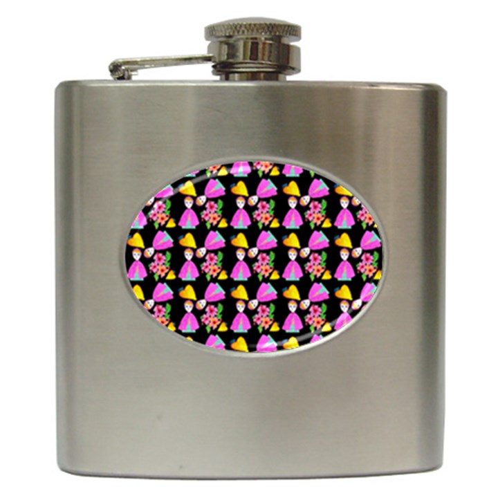 Girl With Hood Cape Heart Lemon Pattern Black Hip Flask (6 oz)