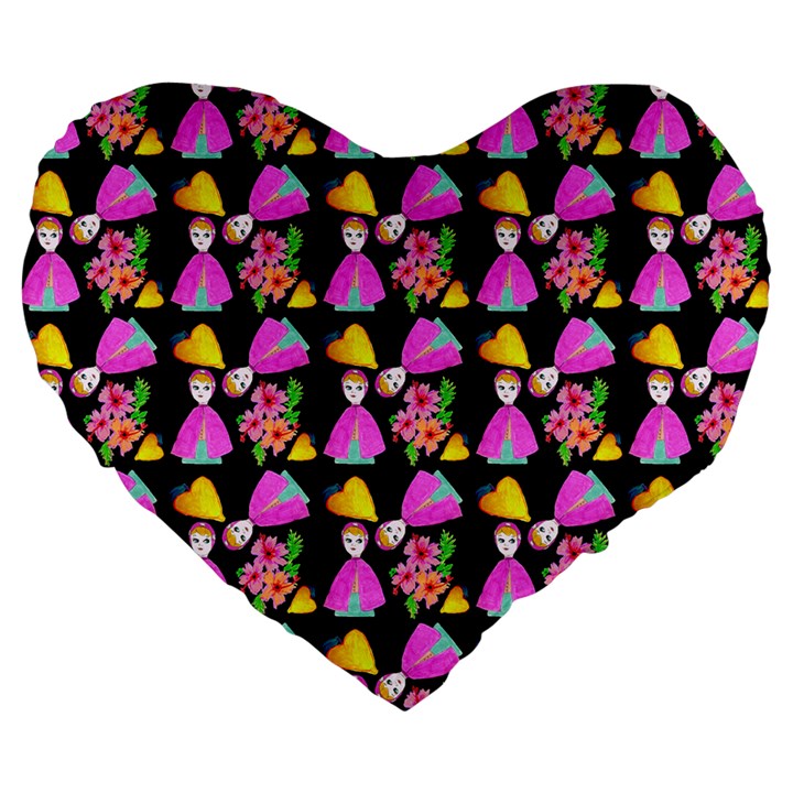 Girl With Hood Cape Heart Lemon Pattern Black Large 19  Premium Heart Shape Cushions