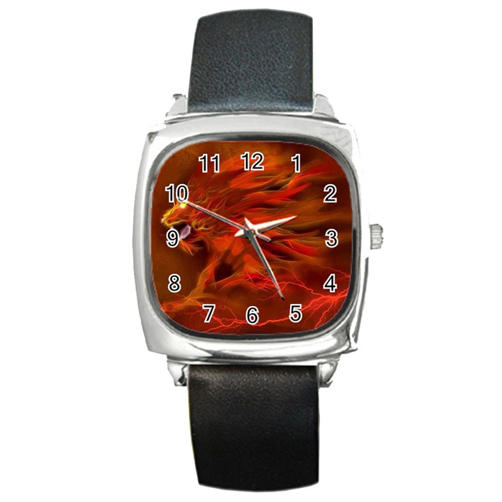 Fire Lion Flame Light Mystical Square Metal Watch