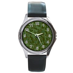 Green Army Camouflage Pattern Round Metal Watch by SpinnyChairDesigns