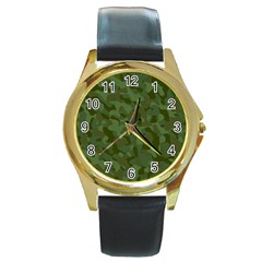 Green Army Camouflage Pattern Round Gold Metal Watch