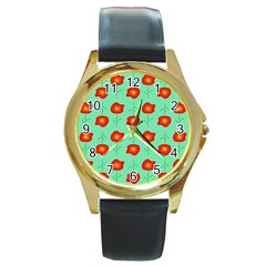 Flower Pattern Ornament Round Gold Metal Watch