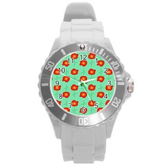 Flower Pattern Ornament Round Plastic Sport Watch (L)