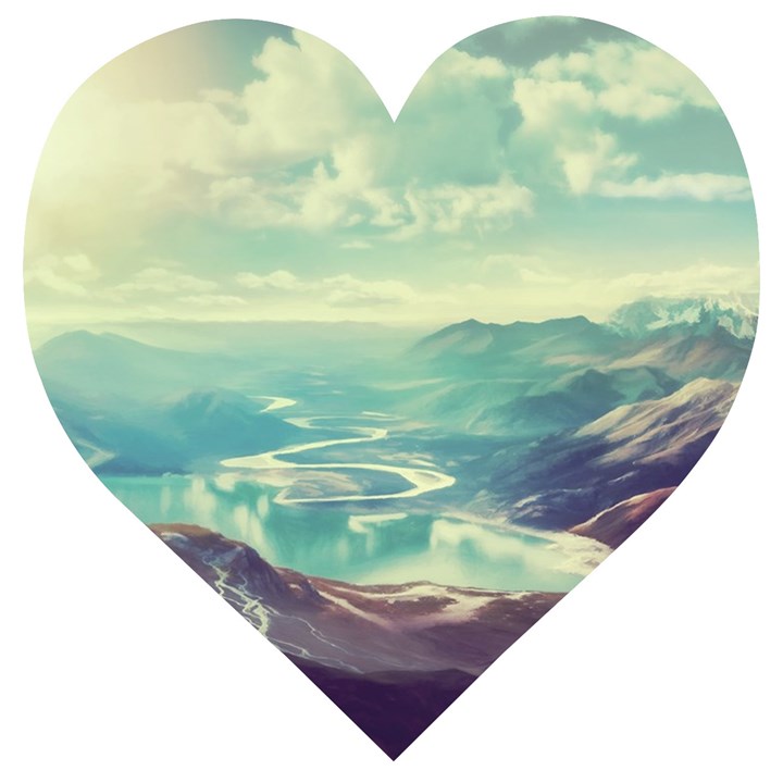 Landscape Mountains Lake River Wooden Puzzle Heart