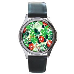 Tropical Leaf Flower Digital Round Metal Watch by Mariart