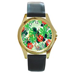 Tropical Leaf Flower Digital Round Gold Metal Watch