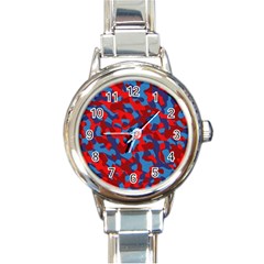 Red And Blue Camouflage Pattern Round Italian Charm Watch