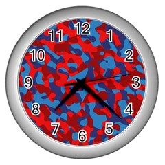 Red And Blue Camouflage Pattern Wall Clock (silver) by SpinnyChairDesigns