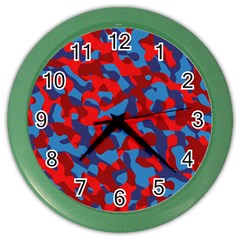 Red And Blue Camouflage Pattern Color Wall Clock by SpinnyChairDesigns