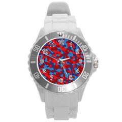 Red And Blue Camouflage Pattern Round Plastic Sport Watch (l) by SpinnyChairDesigns