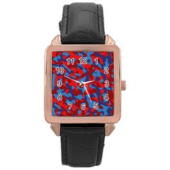 Red And Blue Camouflage Pattern Rose Gold Leather Watch  by SpinnyChairDesigns