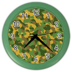 Yellow Green Brown Camouflage Color Wall Clock by SpinnyChairDesigns