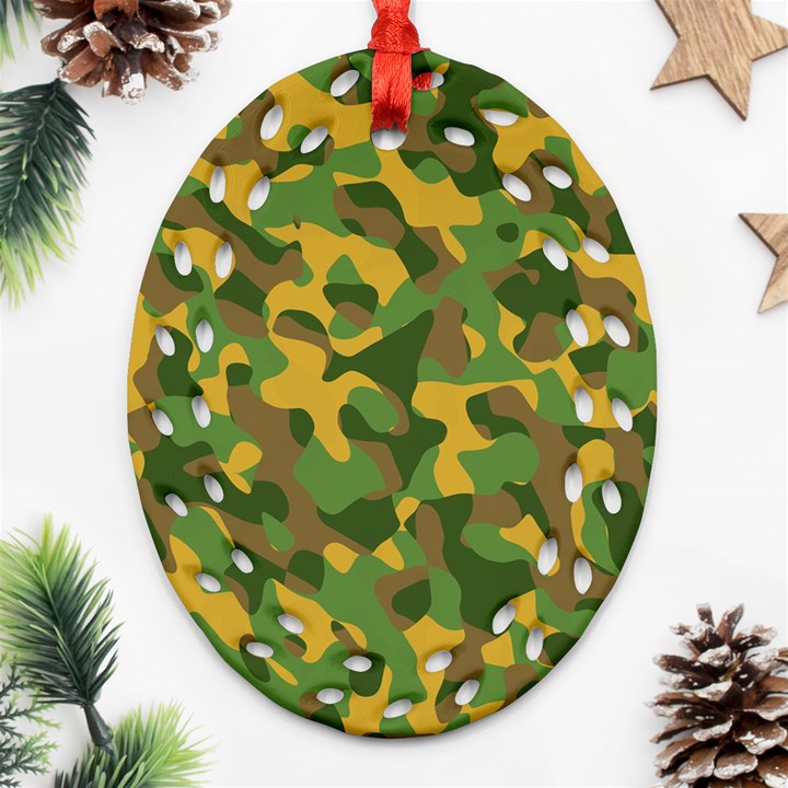 Yellow Green Brown Camouflage Oval Filigree Ornament (Two Sides)