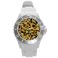 Black Yellow Brown Camouflage Pattern Round Plastic Sport Watch (l) by SpinnyChairDesigns