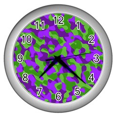 Purple And Green Camouflage Wall Clock (silver) by SpinnyChairDesigns