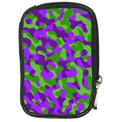 Purple And Green Camouflage Compact Camera Leather Case by SpinnyChairDesigns