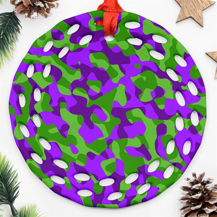 Purple and Green Camouflage Round Filigree Ornament (Two Sides)