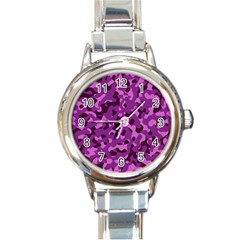 Dark Purple Camouflage Pattern Round Italian Charm Watch by SpinnyChairDesigns