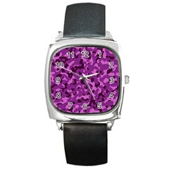 Dark Purple Camouflage Pattern Square Metal Watch by SpinnyChairDesigns