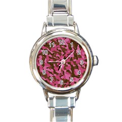 Pink And Brown Camouflage Round Italian Charm Watch by SpinnyChairDesigns