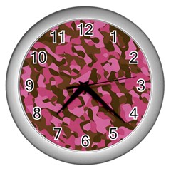 Pink And Brown Camouflage Wall Clock (silver) by SpinnyChairDesigns