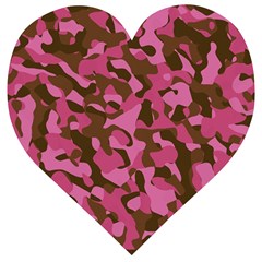 Pink And Brown Camouflage Wooden Puzzle Heart by SpinnyChairDesigns