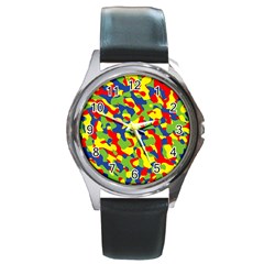 Colorful Rainbow Camouflage Pattern Round Metal Watch by SpinnyChairDesigns