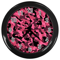 Black And Pink Camouflage Pattern Wall Clock (black) by SpinnyChairDesigns