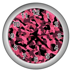 Black And Pink Camouflage Pattern Wall Clock (silver) by SpinnyChairDesigns