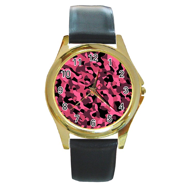 Black and Pink Camouflage Pattern Round Gold Metal Watch