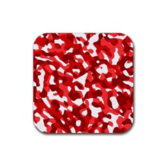 Red And White Camouflage Pattern Rubber Coaster (square)  by SpinnyChairDesigns