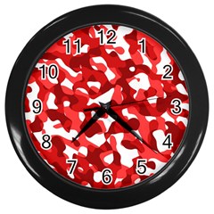 Red And White Camouflage Pattern Wall Clock (black) by SpinnyChairDesigns