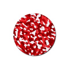 Red And White Camouflage Pattern Rubber Round Coaster (4 Pack)  by SpinnyChairDesigns