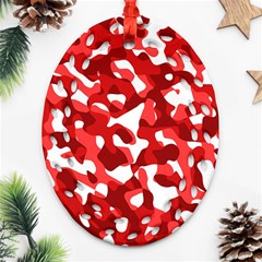 Red And White Camouflage Pattern Ornament (oval Filigree) by SpinnyChairDesigns