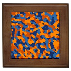 Blue And Orange Camouflage Pattern Framed Tile by SpinnyChairDesigns