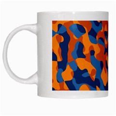 Blue And Orange Camouflage Pattern White Mugs by SpinnyChairDesigns